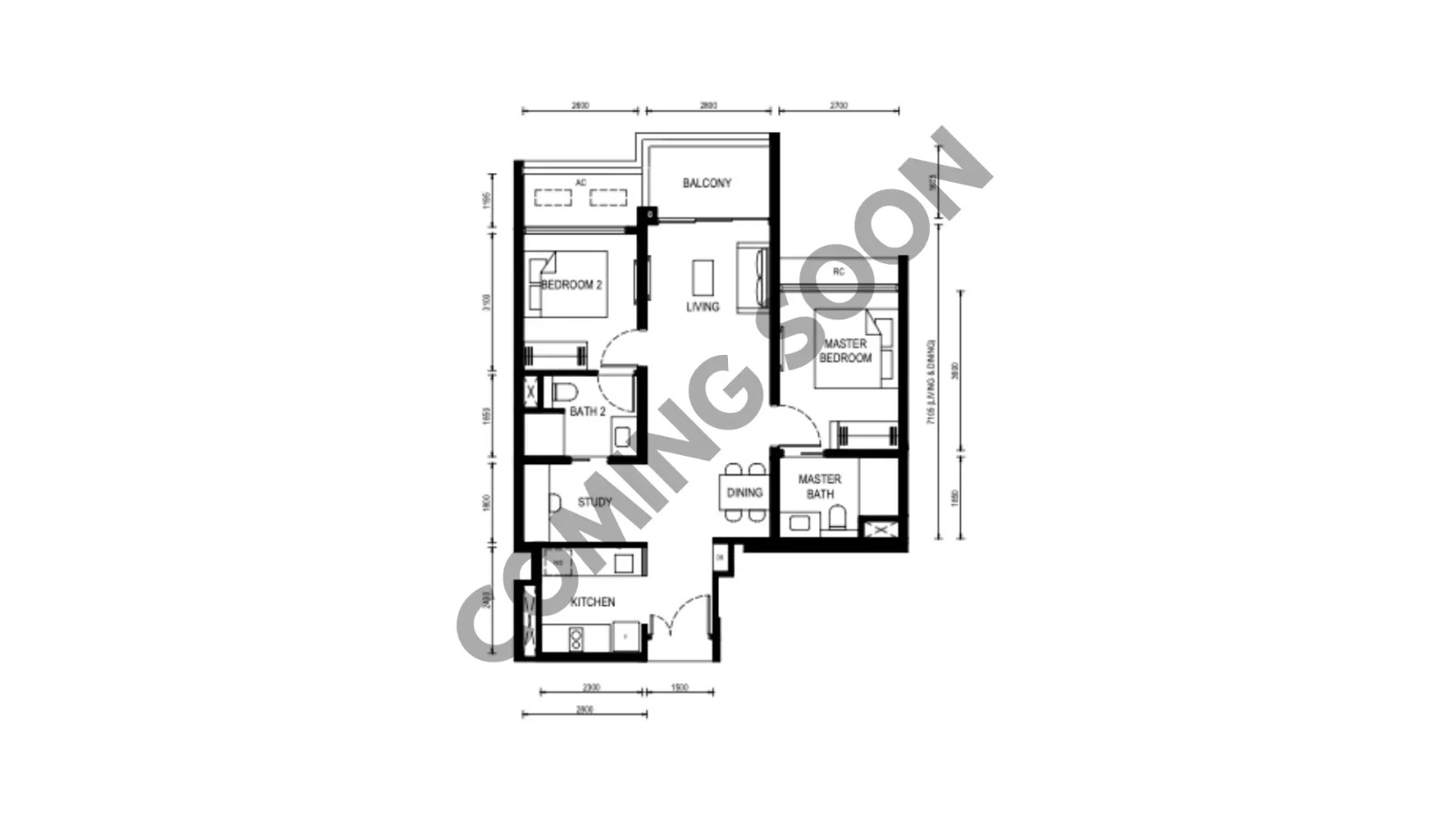 Lucerne Grand 2 Bedroom + Study indicative floorplan