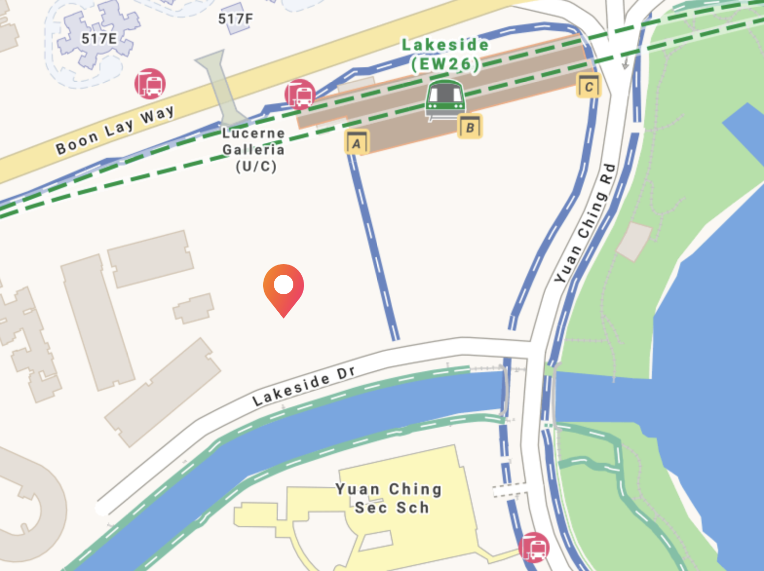 Map showing Lucerne Grand on Lakeside Drive, directly beside Lakeside MRT (EW26)